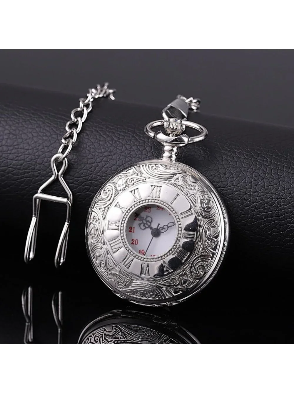 Men's Silver Quartz Engraved Wave Pattern Arabic Numerals Chain Pocket Watch